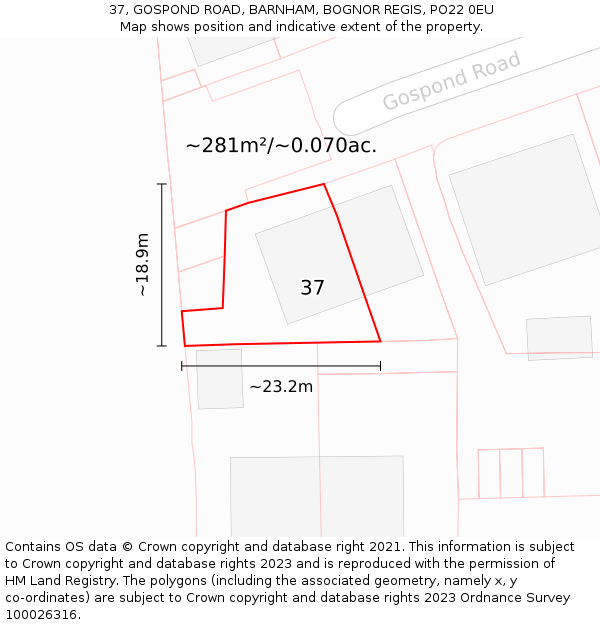 37, GOSPOND ROAD, BARNHAM, BOGNOR REGIS, PO22 0EU: Plot and title map