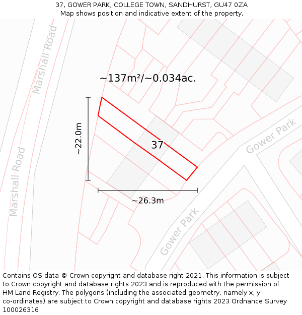 37, GOWER PARK, COLLEGE TOWN, SANDHURST, GU47 0ZA: Plot and title map