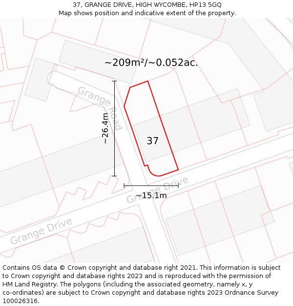 37, GRANGE DRIVE, HIGH WYCOMBE, HP13 5GQ: Plot and title map