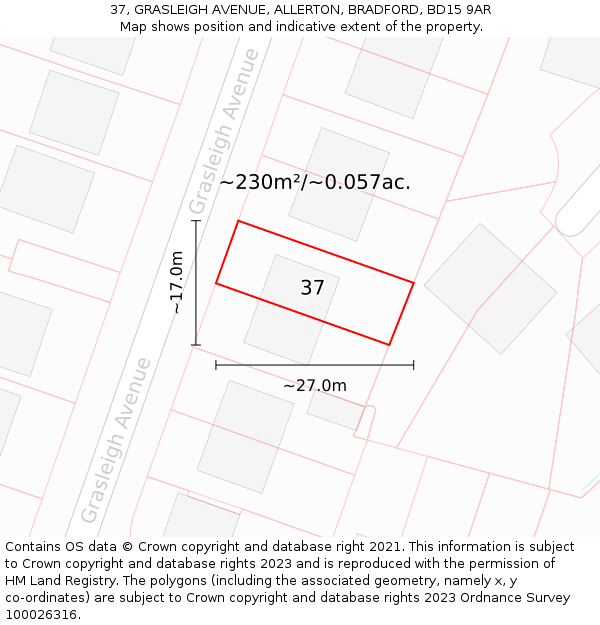 37, GRASLEIGH AVENUE, ALLERTON, BRADFORD, BD15 9AR: Plot and title map