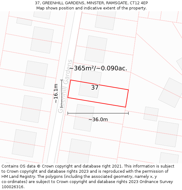 37, GREENHILL GARDENS, MINSTER, RAMSGATE, CT12 4EP: Plot and title map
