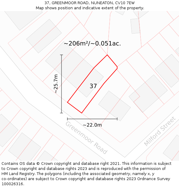 37, GREENMOOR ROAD, NUNEATON, CV10 7EW: Plot and title map