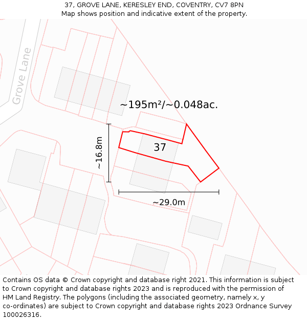 37, GROVE LANE, KERESLEY END, COVENTRY, CV7 8PN: Plot and title map