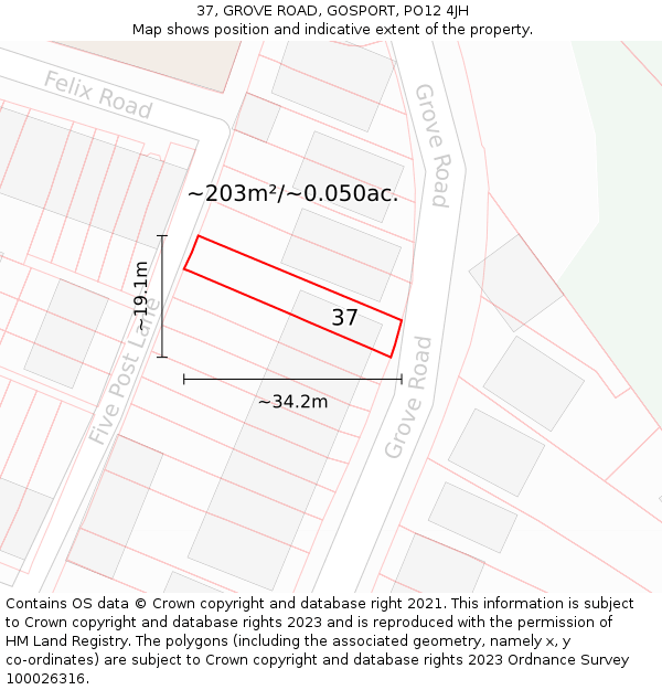 37, GROVE ROAD, GOSPORT, PO12 4JH: Plot and title map