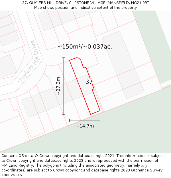 37, GUYLERS HILL DRIVE, CLIPSTONE VILLAGE, MANSFIELD, NG21 9RT: Plot and title map