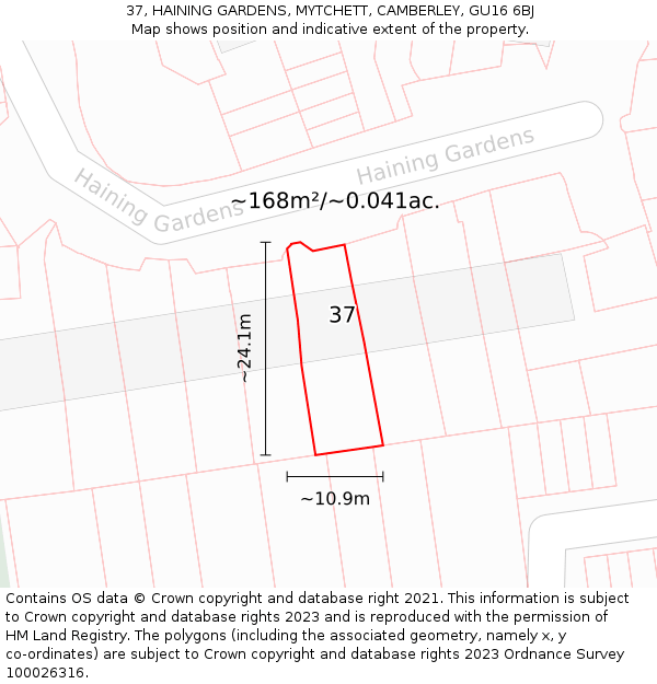 37, HAINING GARDENS, MYTCHETT, CAMBERLEY, GU16 6BJ: Plot and title map