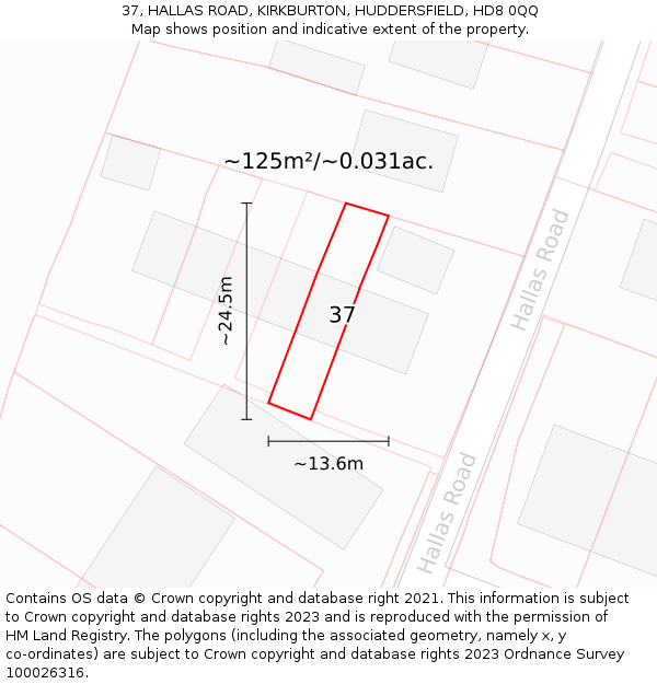 37, HALLAS ROAD, KIRKBURTON, HUDDERSFIELD, HD8 0QQ: Plot and title map