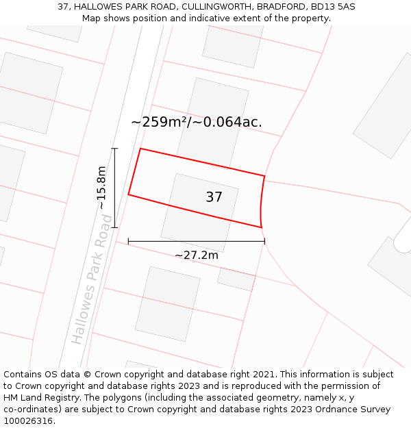 37, HALLOWES PARK ROAD, CULLINGWORTH, BRADFORD, BD13 5AS: Plot and title map