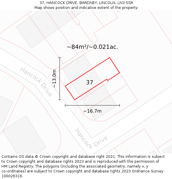 37, HANCOCK DRIVE, BARDNEY, LINCOLN, LN3 5SR: Plot and title map