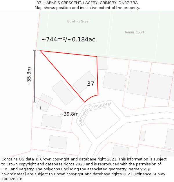 37, HARNEIS CRESCENT, LACEBY, GRIMSBY, DN37 7BA: Plot and title map