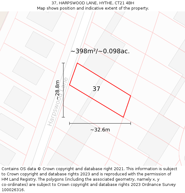 37, HARPSWOOD LANE, HYTHE, CT21 4BH: Plot and title map