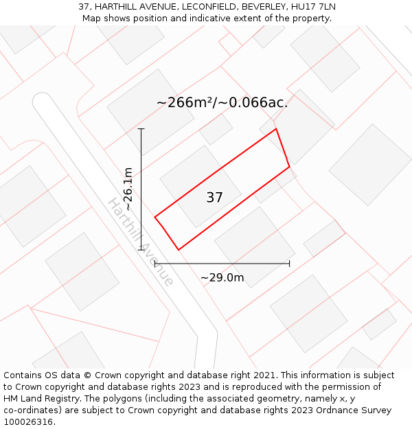 37, HARTHILL AVENUE, LECONFIELD, BEVERLEY, HU17 7LN: Plot and title map