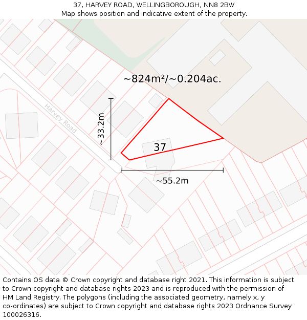 37, HARVEY ROAD, WELLINGBOROUGH, NN8 2BW: Plot and title map