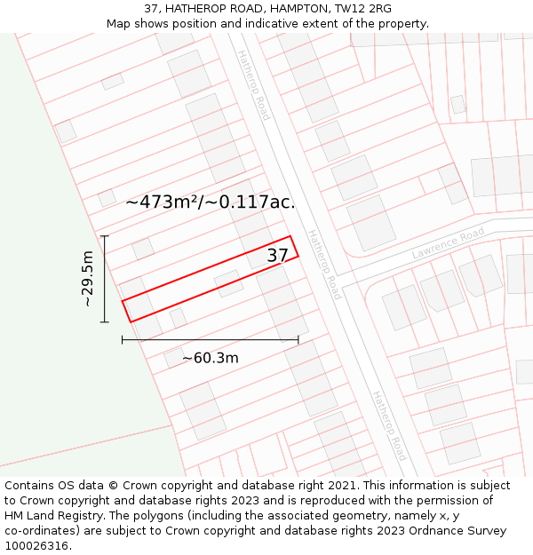 37, HATHEROP ROAD, HAMPTON, TW12 2RG: Plot and title map