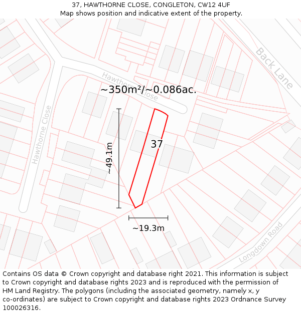 37, HAWTHORNE CLOSE, CONGLETON, CW12 4UF: Plot and title map