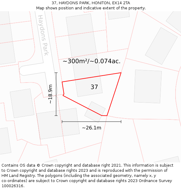 37, HAYDONS PARK, HONITON, EX14 2TA: Plot and title map