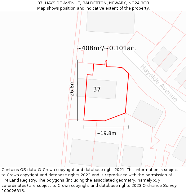 37, HAYSIDE AVENUE, BALDERTON, NEWARK, NG24 3GB: Plot and title map