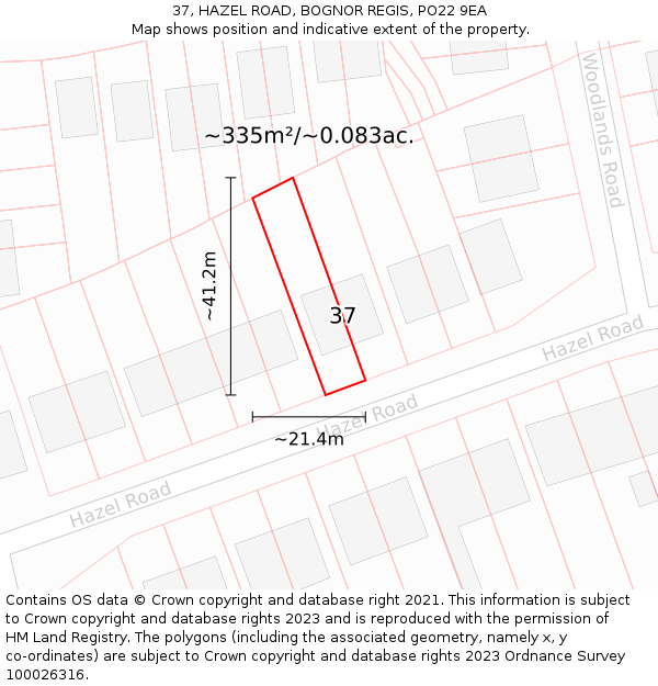 37, HAZEL ROAD, BOGNOR REGIS, PO22 9EA: Plot and title map