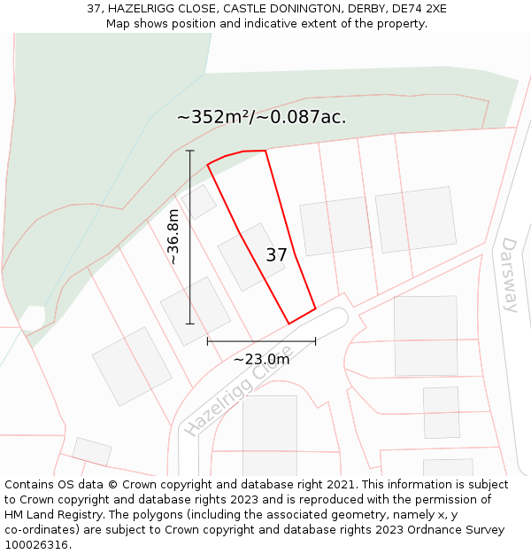 37, HAZELRIGG CLOSE, CASTLE DONINGTON, DERBY, DE74 2XE: Plot and title map