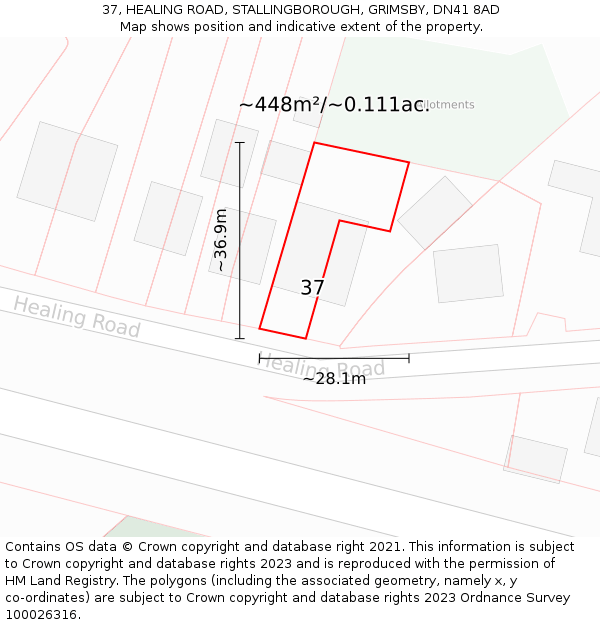 37, HEALING ROAD, STALLINGBOROUGH, GRIMSBY, DN41 8AD: Plot and title map