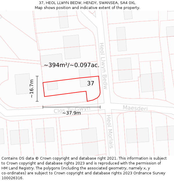 37, HEOL LLWYN BEDW, HENDY, SWANSEA, SA4 0XL: Plot and title map