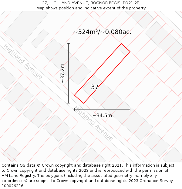 37, HIGHLAND AVENUE, BOGNOR REGIS, PO21 2BJ: Plot and title map