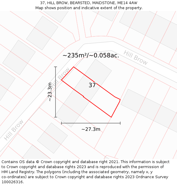 37, HILL BROW, BEARSTED, MAIDSTONE, ME14 4AW: Plot and title map