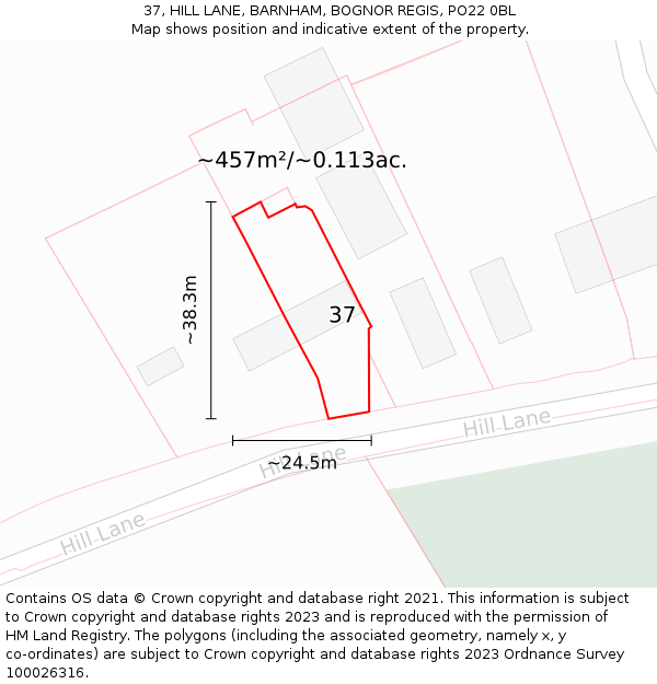 37, HILL LANE, BARNHAM, BOGNOR REGIS, PO22 0BL: Plot and title map