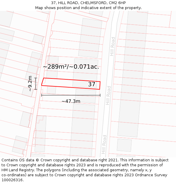 37, HILL ROAD, CHELMSFORD, CM2 6HP: Plot and title map