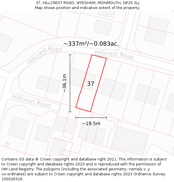 37, HILLCREST ROAD, WYESHAM, MONMOUTH, NP25 3LJ: Plot and title map