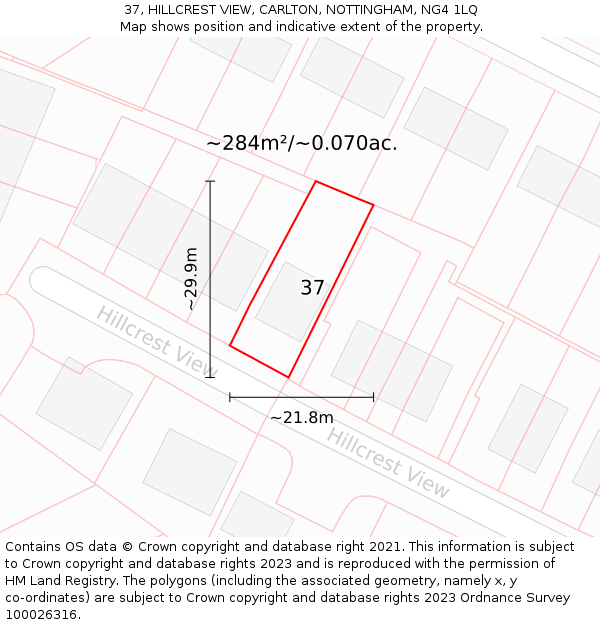 37, HILLCREST VIEW, CARLTON, NOTTINGHAM, NG4 1LQ: Plot and title map