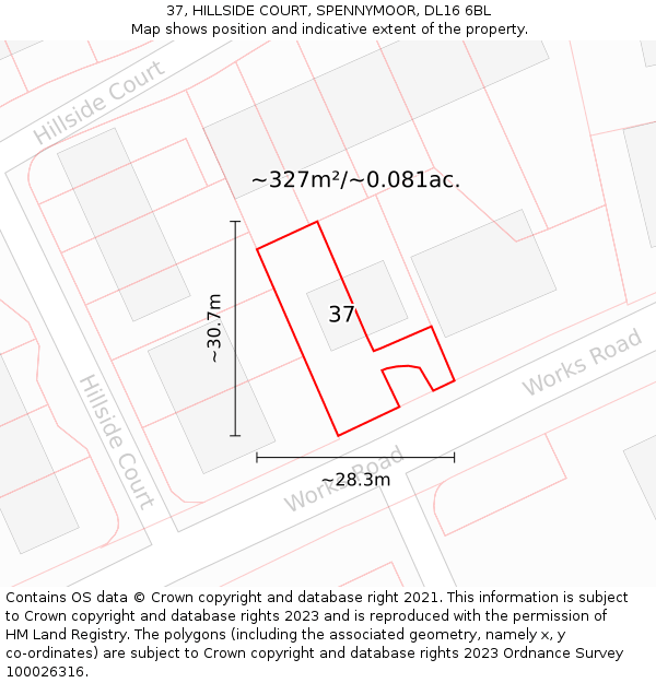 37, HILLSIDE COURT, SPENNYMOOR, DL16 6BL: Plot and title map