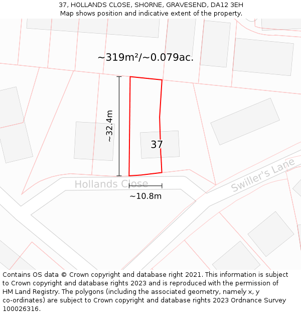 37, HOLLANDS CLOSE, SHORNE, GRAVESEND, DA12 3EH: Plot and title map