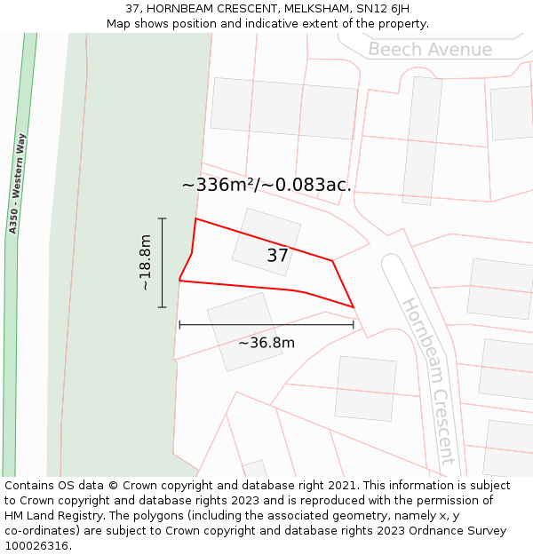 37, HORNBEAM CRESCENT, MELKSHAM, SN12 6JH: Plot and title map