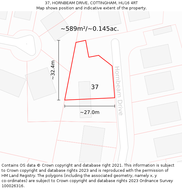 37, HORNBEAM DRIVE, COTTINGHAM, HU16 4RT: Plot and title map