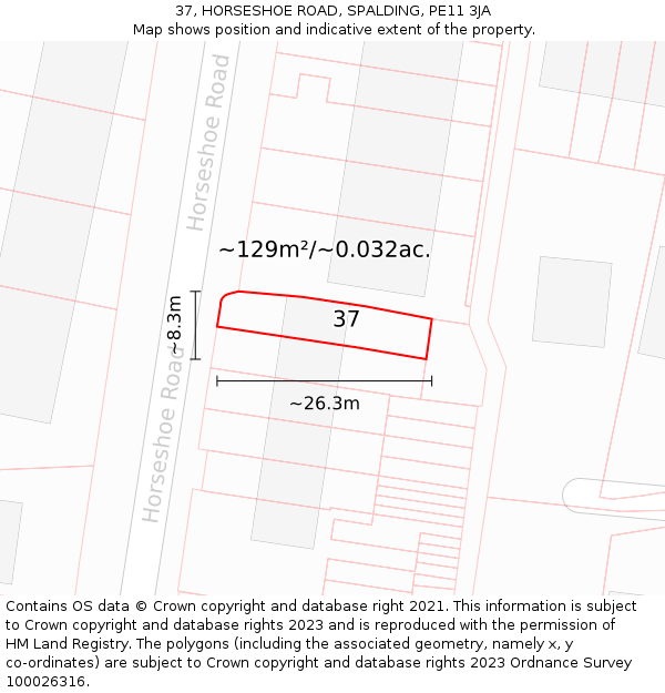 37, HORSESHOE ROAD, SPALDING, PE11 3JA: Plot and title map