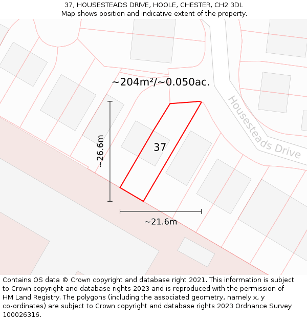 37, HOUSESTEADS DRIVE, HOOLE, CHESTER, CH2 3DL: Plot and title map