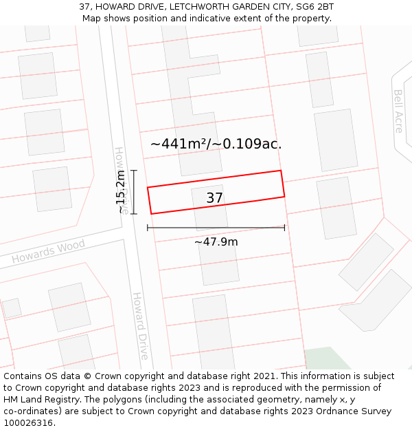 37, HOWARD DRIVE, LETCHWORTH GARDEN CITY, SG6 2BT: Plot and title map