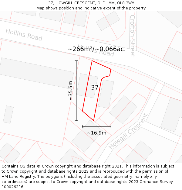 37, HOWGILL CRESCENT, OLDHAM, OL8 3WA: Plot and title map