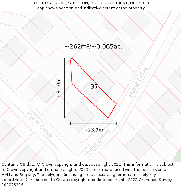 37, HURST DRIVE, STRETTON, BURTON-ON-TRENT, DE13 0EB: Plot and title map