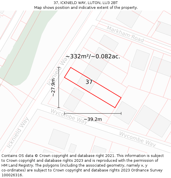 37, ICKNIELD WAY, LUTON, LU3 2BT: Plot and title map