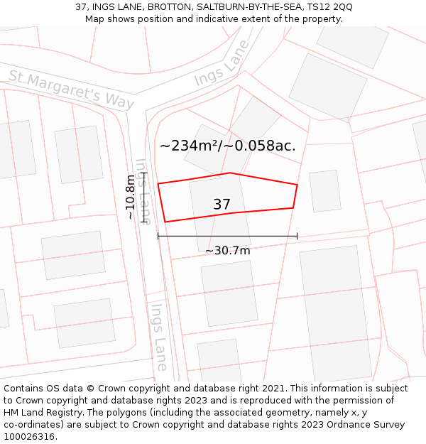 37, INGS LANE, BROTTON, SALTBURN-BY-THE-SEA, TS12 2QQ: Plot and title map