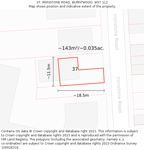 37, IRONSTONE ROAD, BURNTWOOD, WS7 1LZ: Plot and title map