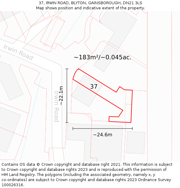 37, IRWIN ROAD, BLYTON, GAINSBOROUGH, DN21 3LS: Plot and title map