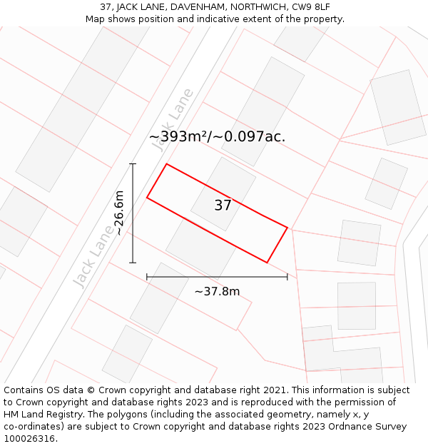 37, JACK LANE, DAVENHAM, NORTHWICH, CW9 8LF: Plot and title map