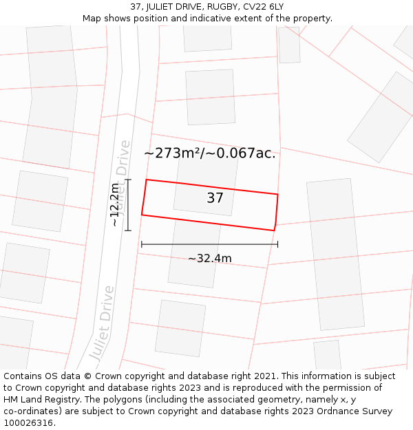 37, JULIET DRIVE, RUGBY, CV22 6LY: Plot and title map