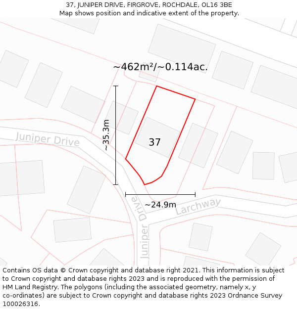 37, JUNIPER DRIVE, FIRGROVE, ROCHDALE, OL16 3BE: Plot and title map