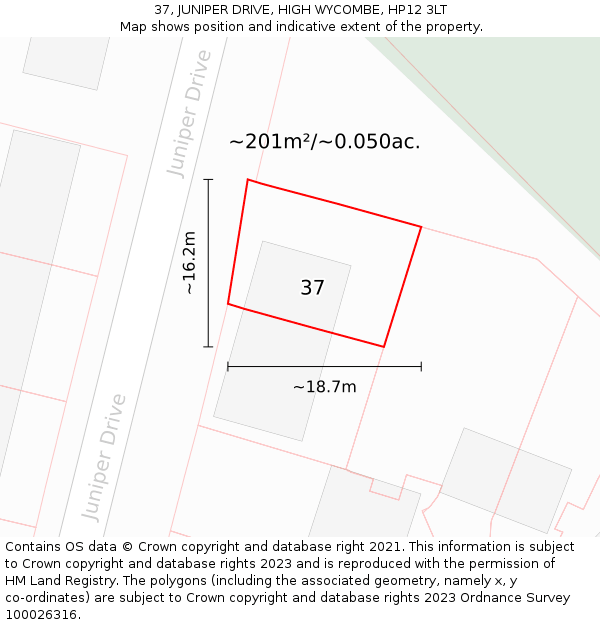 37, JUNIPER DRIVE, HIGH WYCOMBE, HP12 3LT: Plot and title map