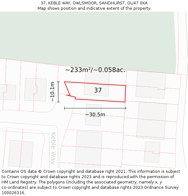 37, KEBLE WAY, OWLSMOOR, SANDHURST, GU47 0XA: Plot and title map