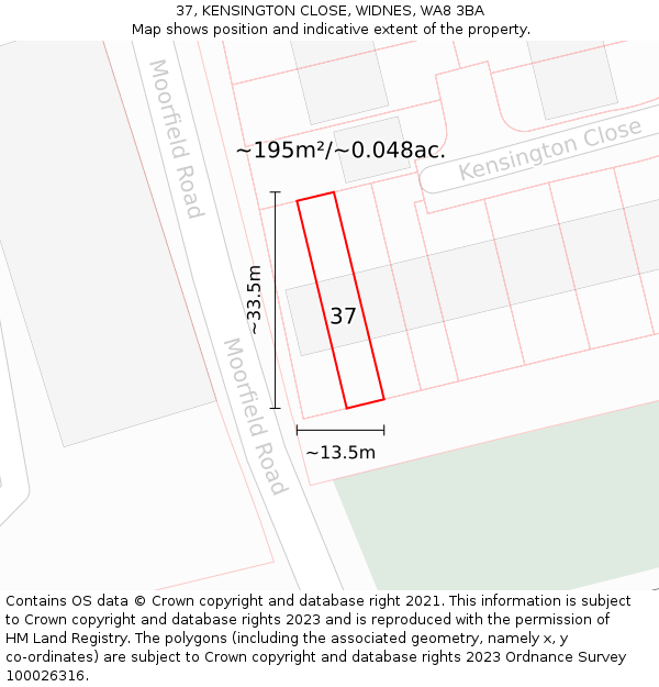 37, KENSINGTON CLOSE, WIDNES, WA8 3BA: Plot and title map